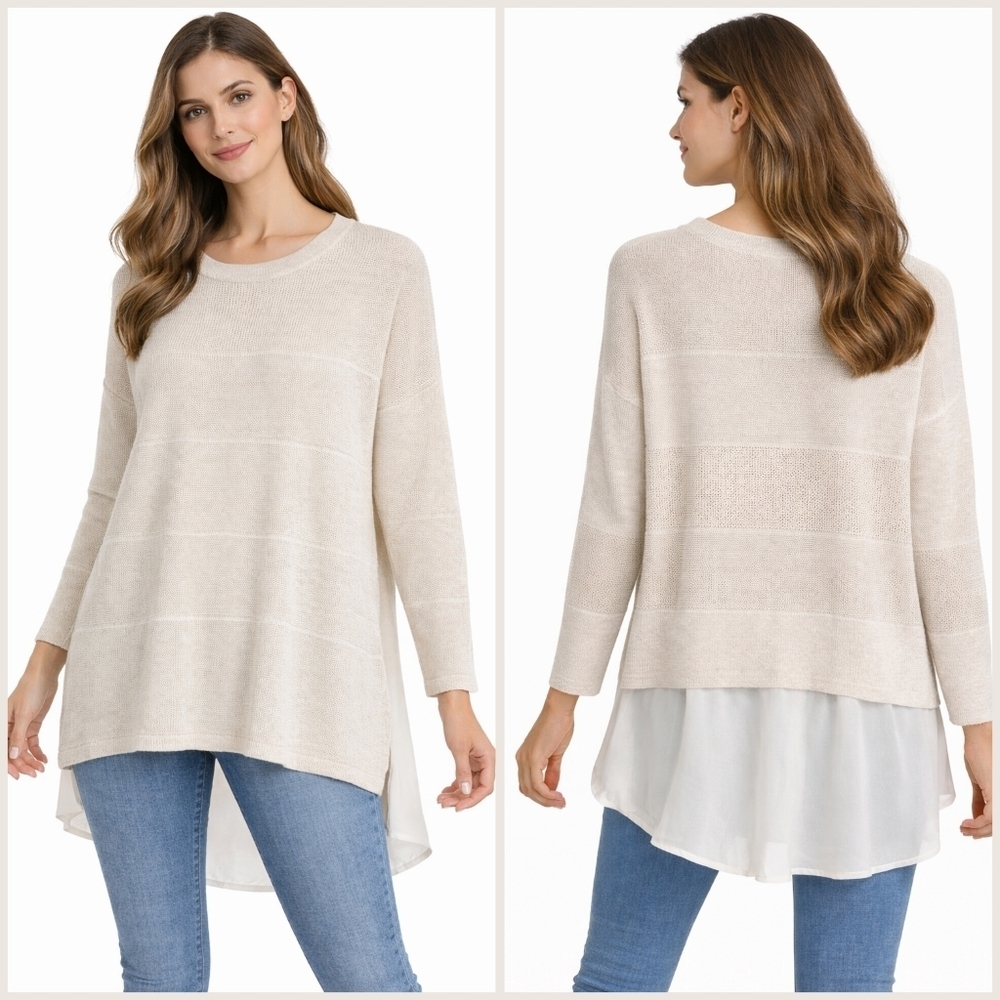 STYLUS Cream Knit Lightweight Sweater Tunic, High-Low Hem, Cotton Modal Blend